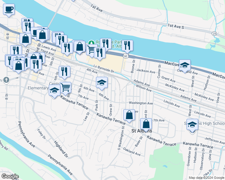 map of restaurants, bars, coffee shops, grocery stores, and more near 516 Drew Street in Saint Albans