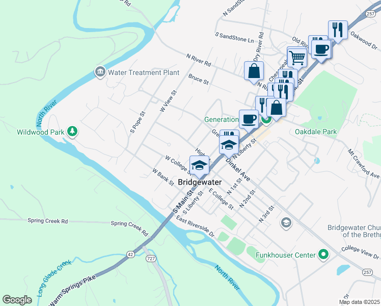 map of restaurants, bars, coffee shops, grocery stores, and more near 108 West College Street in Bridgewater
