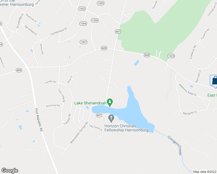 map of restaurants, bars, coffee shops, grocery stores, and more near Izaak Walton Drive in Harrisonburg