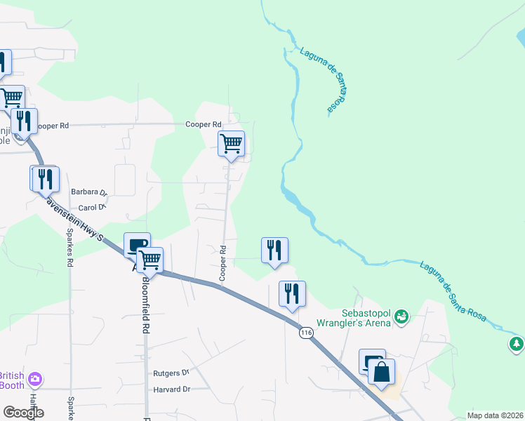 map of restaurants, bars, coffee shops, grocery stores, and more near 1853 Cooper Road in Sebastopol