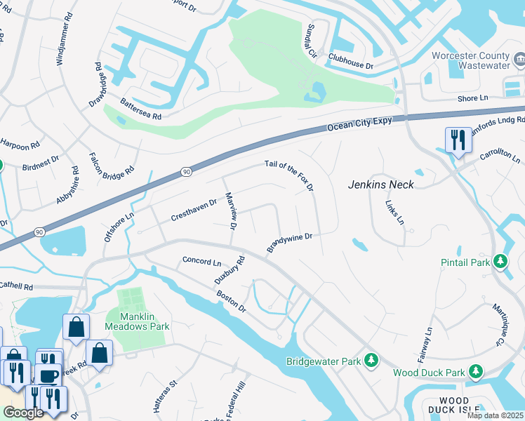 map of restaurants, bars, coffee shops, grocery stores, and more near 14 Liberty Street in Ocean Pines