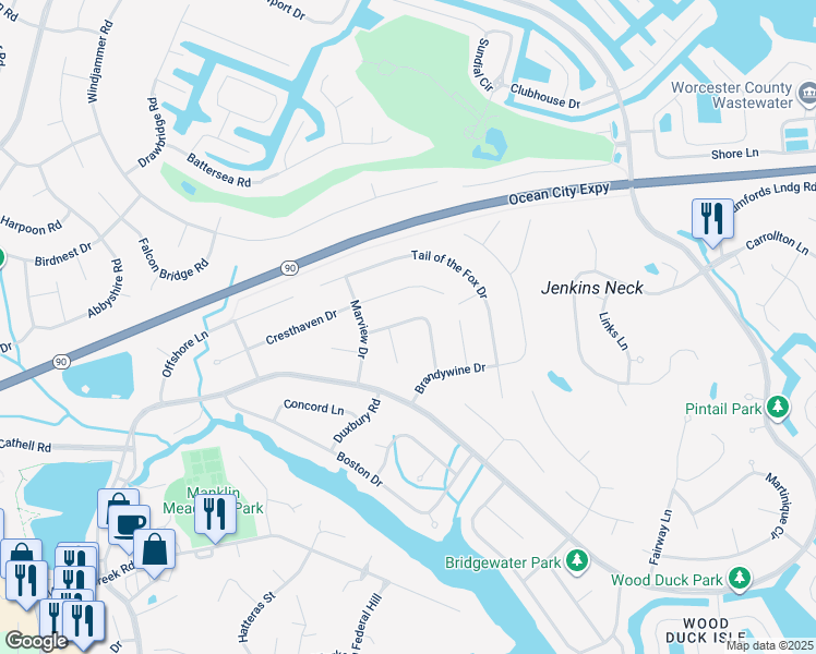 map of restaurants, bars, coffee shops, grocery stores, and more near 14 Liberty Street in Ocean Pines