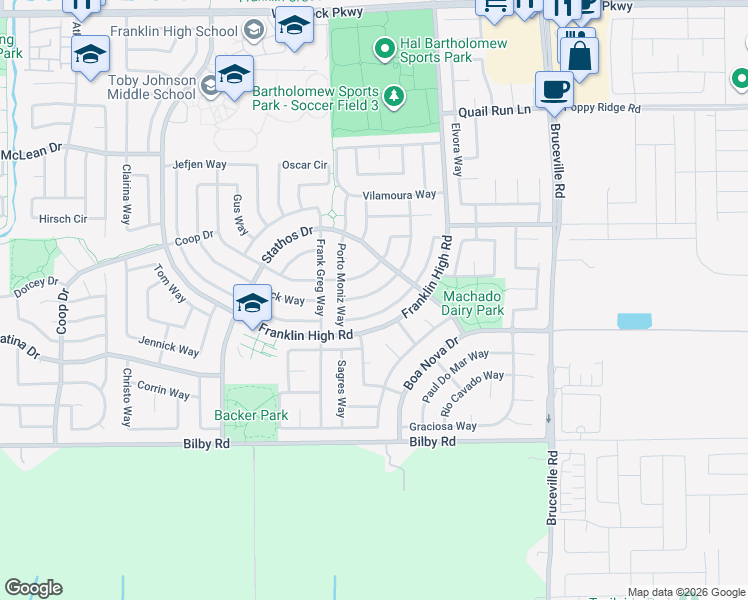 map of restaurants, bars, coffee shops, grocery stores, and more near 6712 Rio Tejo Way in Elk Grove
