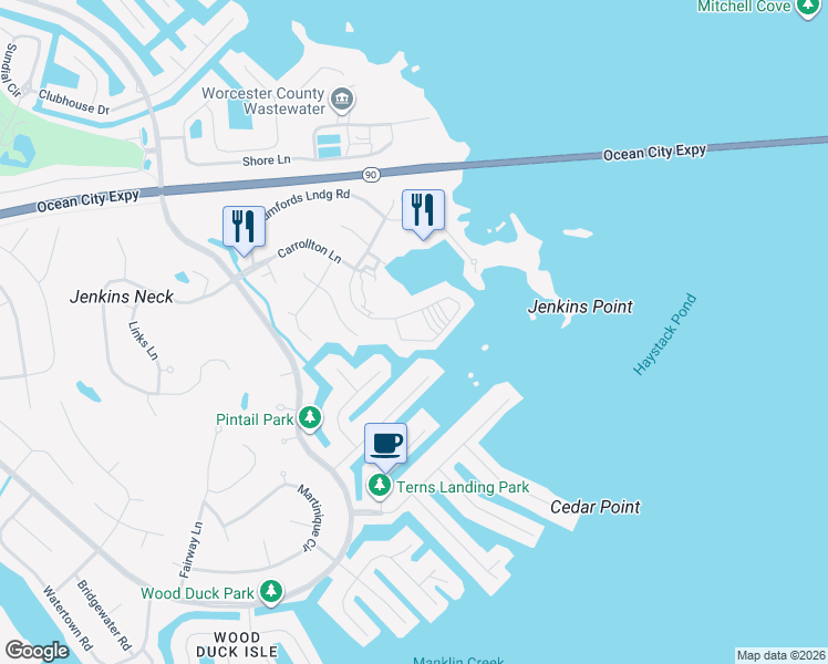 map of restaurants, bars, coffee shops, grocery stores, and more near 817 Yacht Club Drive in Ocean Pines