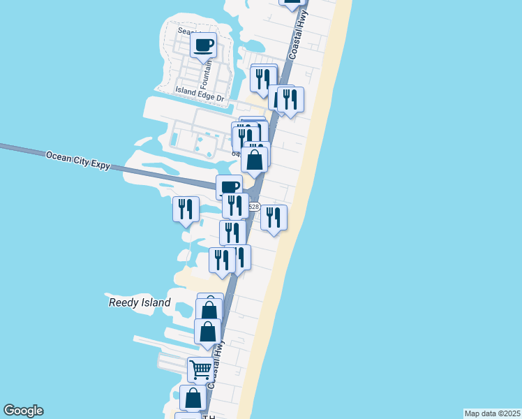 map of restaurants, bars, coffee shops, grocery stores, and more near 12 61st Street in Ocean City