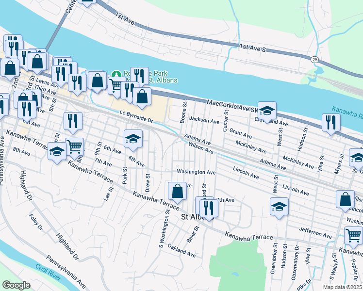 map of restaurants, bars, coffee shops, grocery stores, and more near 225 Adams Avenue in St. Albans