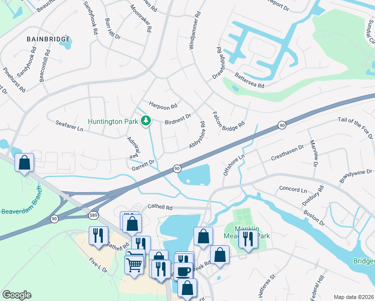 map of restaurants, bars, coffee shops, grocery stores, and more near 6 Starboard Court in Ocean Pines