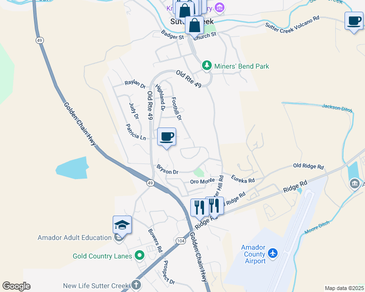 map of restaurants, bars, coffee shops, grocery stores, and more near 270 Foothill Drive in Sutter Creek
