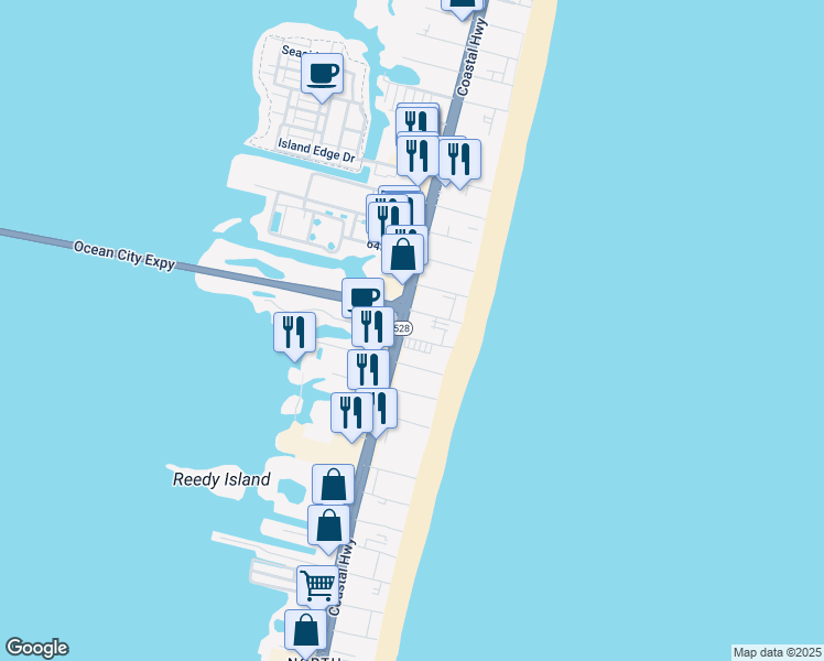 map of restaurants, bars, coffee shops, grocery stores, and more near 12 61st Street in Ocean City