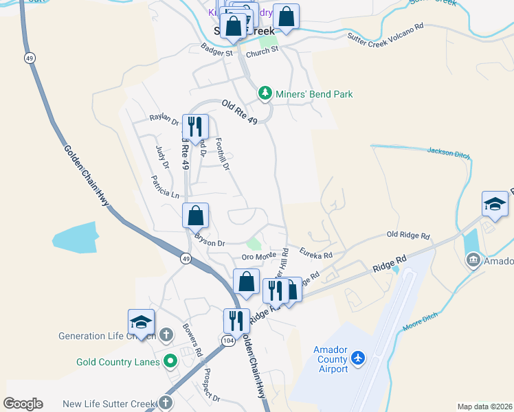 map of restaurants, bars, coffee shops, grocery stores, and more near 159 Mesa De Oro Circle in Sutter Creek