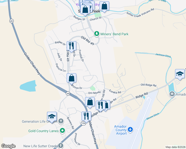 map of restaurants, bars, coffee shops, grocery stores, and more near 159 Mesa De Oro Circle in Sutter Creek