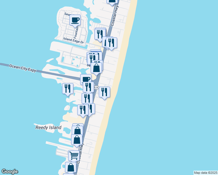 map of restaurants, bars, coffee shops, grocery stores, and more near 6 62nd Street in Ocean City