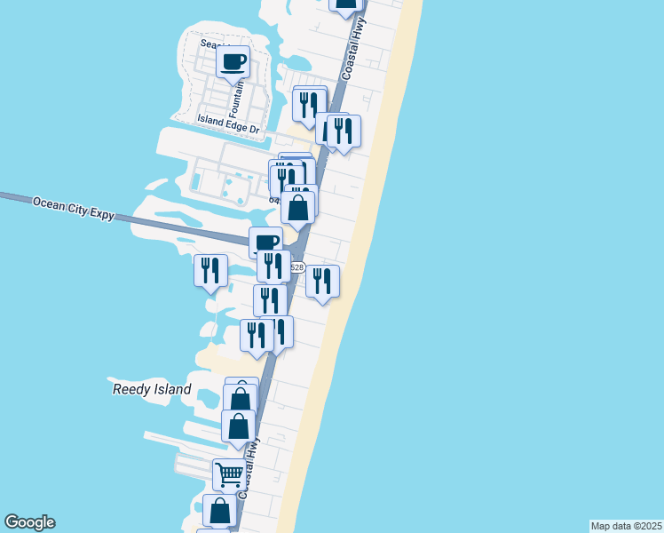 map of restaurants, bars, coffee shops, grocery stores, and more near 6 62nd Street in Ocean City