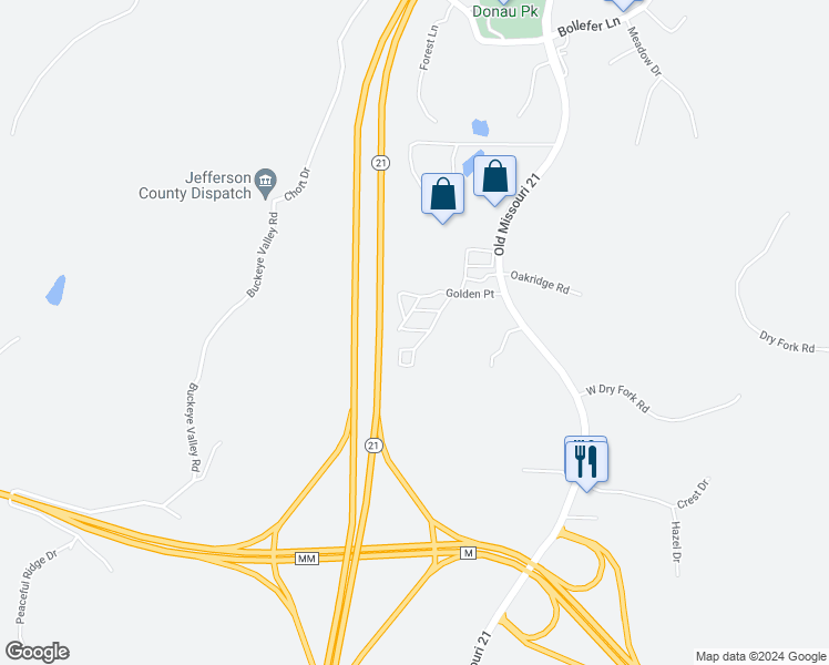 map of restaurants, bars, coffee shops, grocery stores, and more near 262 Golden Crest Drive in House Springs