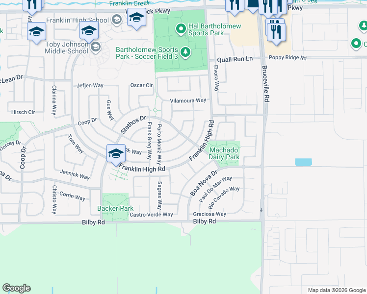 map of restaurants, bars, coffee shops, grocery stores, and more near 6728 Sao Tiago Way in Elk Grove