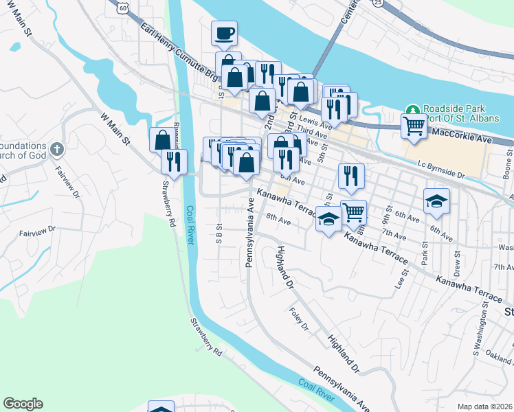 map of restaurants, bars, coffee shops, grocery stores, and more near 301 Kanawha Terrace in Saint Albans
