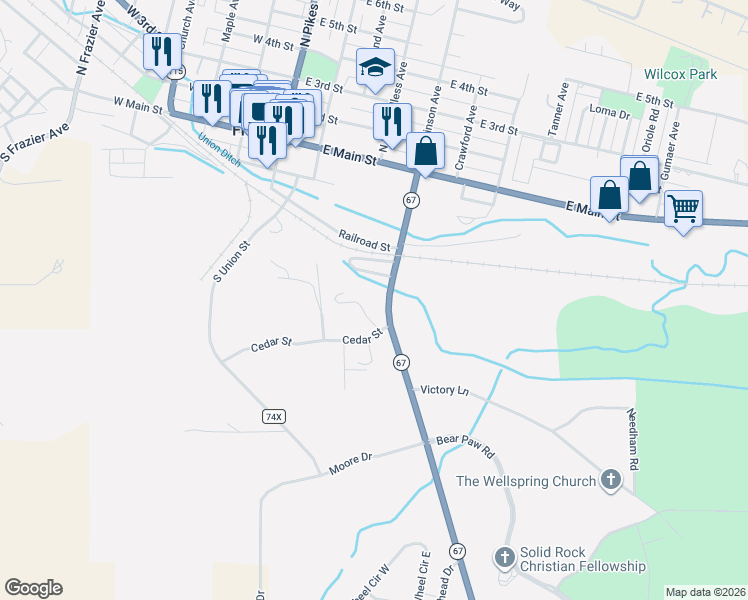 map of restaurants, bars, coffee shops, grocery stores, and more near 400-498 Diebert Street in Florence