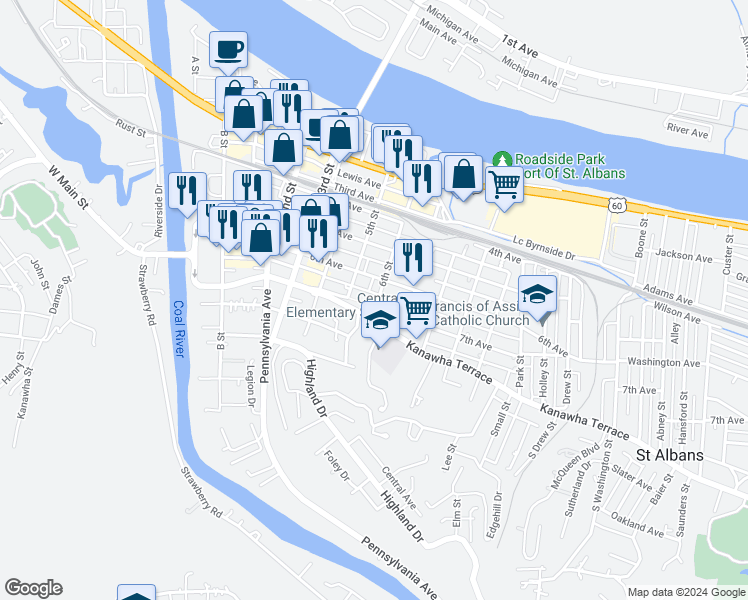 map of restaurants, bars, coffee shops, grocery stores, and more near 502 W Main St in St Albans