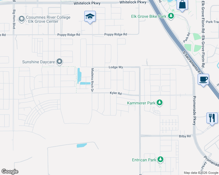 map of restaurants, bars, coffee shops, grocery stores, and more near 10220 West Stockton Boulevard in Elk Grove
