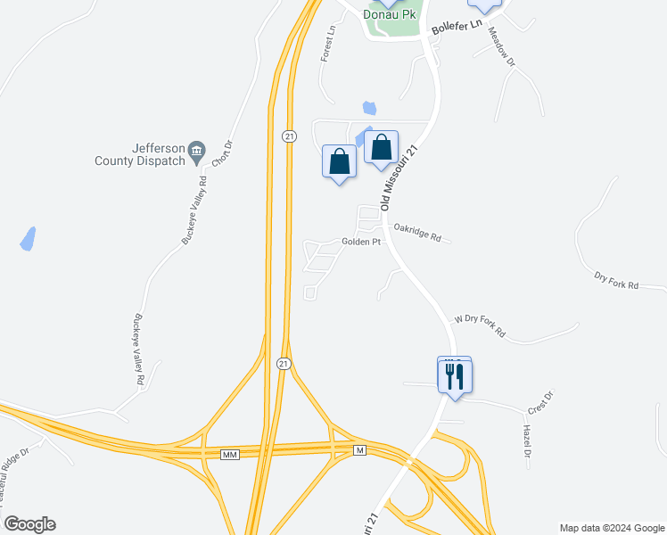 map of restaurants, bars, coffee shops, grocery stores, and more near 505 Golden Acres Drive in House Springs