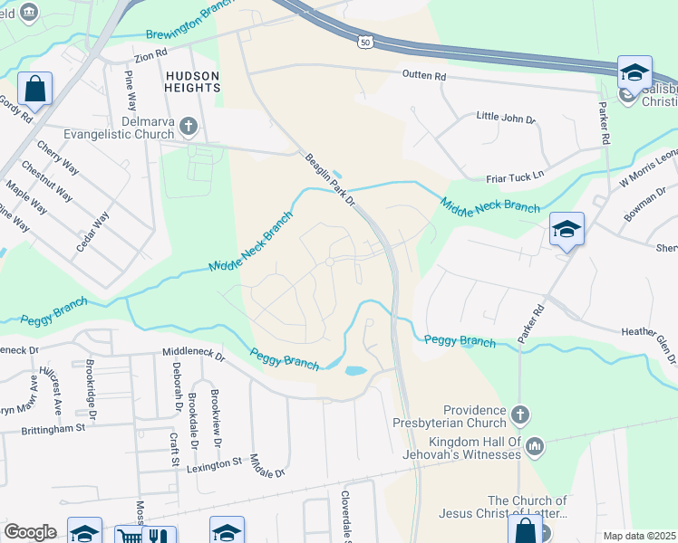 map of restaurants, bars, coffee shops, grocery stores, and more near 465 Creekbed Circle in Salisbury