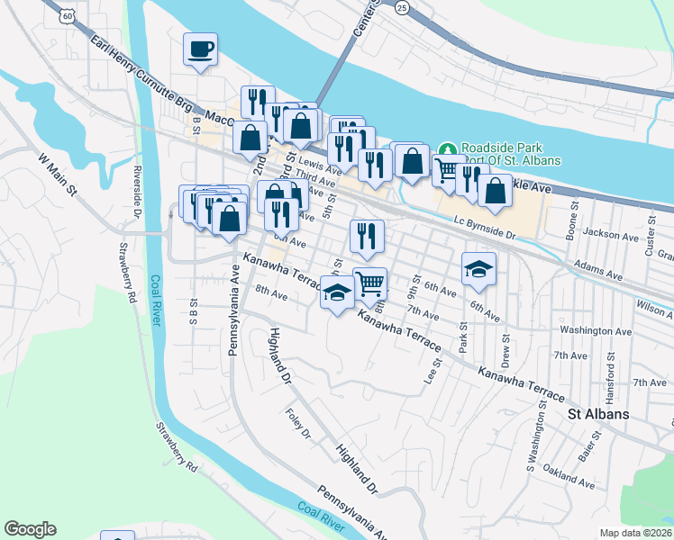 map of restaurants, bars, coffee shops, grocery stores, and more near 650 6th Street in Saint Albans