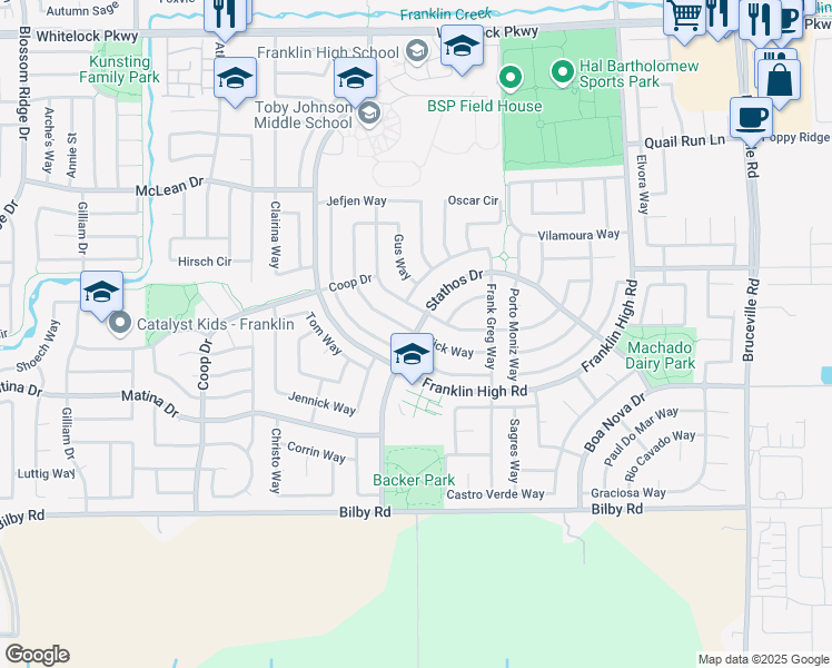 map of restaurants, bars, coffee shops, grocery stores, and more near 10281 Stathos Drive in Elk Grove