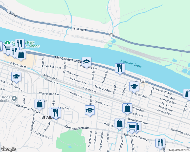 map of restaurants, bars, coffee shops, grocery stores, and more near 2109 Harrison Avenue in St. Albans