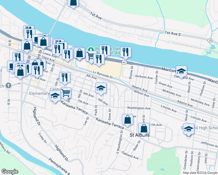 map of restaurants, bars, coffee shops, grocery stores, and more near 419 Drew Street in St. Albans