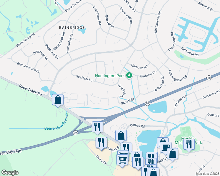 map of restaurants, bars, coffee shops, grocery stores, and more near 43 Seafarer Lane in Ocean Pines