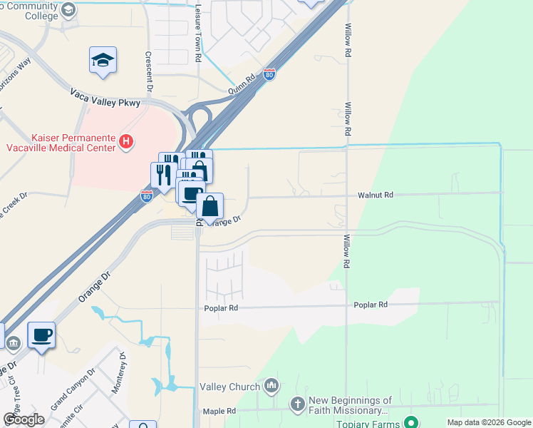 map of restaurants, bars, coffee shops, grocery stores, and more near 5070 Walnut Road in Vacaville