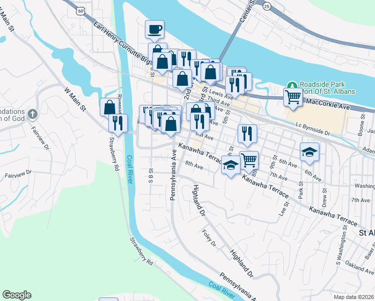 map of restaurants, bars, coffee shops, grocery stores, and more near 301 Kanawha Terrace in Saint Albans