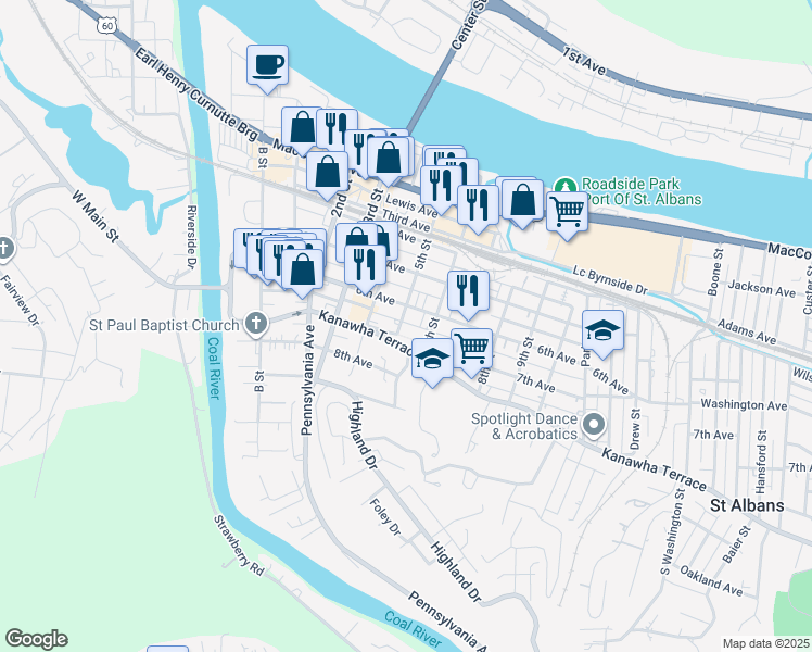 map of restaurants, bars, coffee shops, grocery stores, and more near 502 W Main St in St Albans