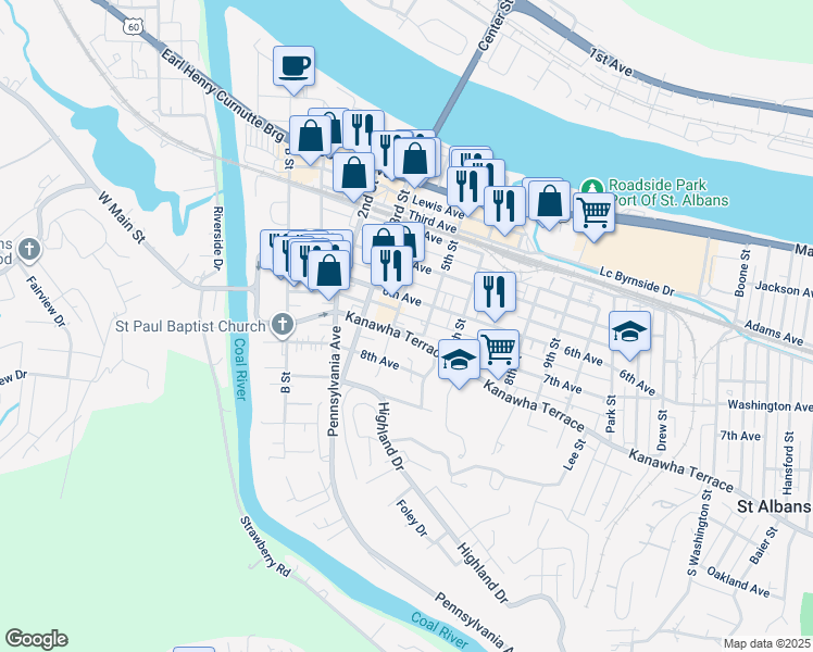 map of restaurants, bars, coffee shops, grocery stores, and more near 408 7th Avenue in Saint Albans