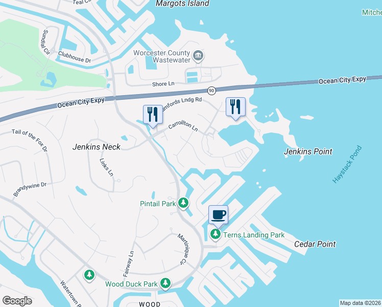 map of restaurants, bars, coffee shops, grocery stores, and more near 1706 South Chase Street in Ocean Pines
