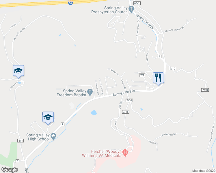 map of restaurants, bars, coffee shops, grocery stores, and more near 1501 Greenbrier Drive in Huntington