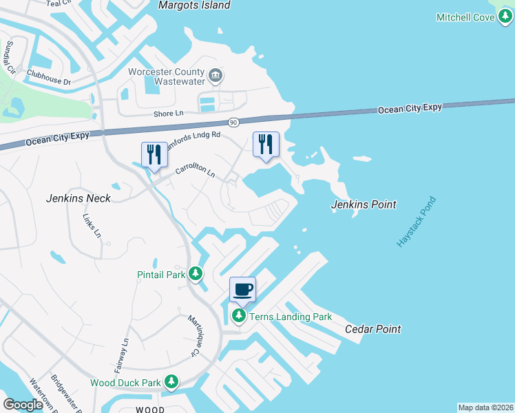 map of restaurants, bars, coffee shops, grocery stores, and more near 817 Yacht Club Drive in Ocean Pines