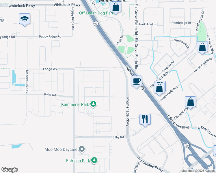 map of restaurants, bars, coffee shops, grocery stores, and more near 10384 Charles Morris Way in Elk Grove