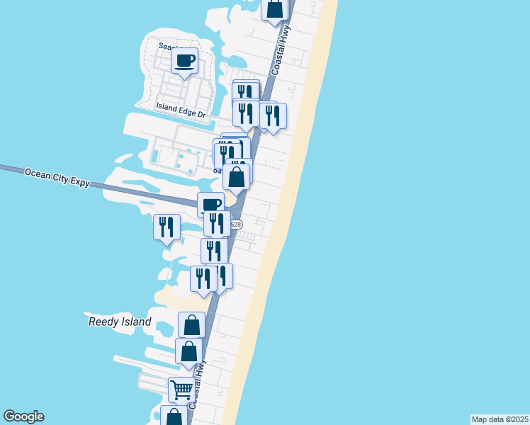 map of restaurants, bars, coffee shops, grocery stores, and more near 6 62nd Street in Ocean City