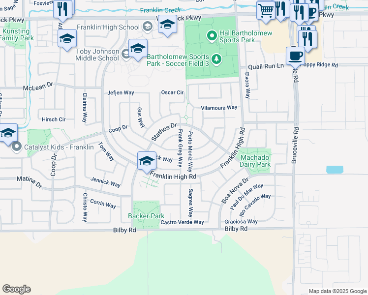 map of restaurants, bars, coffee shops, grocery stores, and more near 10250 Porto Moniz Way in Elk Grove
