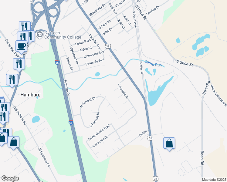 map of restaurants, bars, coffee shops, grocery stores, and more near 4213 Lakeside Court in Sellersburg