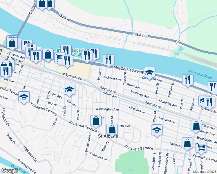 map of restaurants, bars, coffee shops, grocery stores, and more near 225 Adams Avenue in Saint Albans
