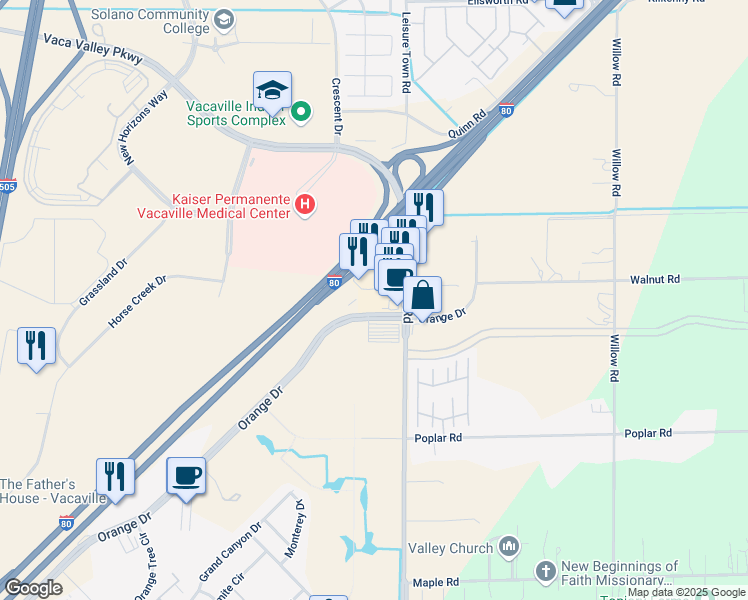 map of restaurants, bars, coffee shops, grocery stores, and more near 799 Orange Drive in Vacaville