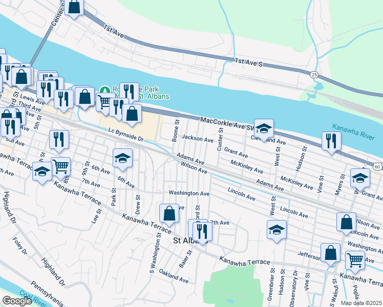 map of restaurants, bars, coffee shops, grocery stores, and more near 201-299 Carson St in St Albans