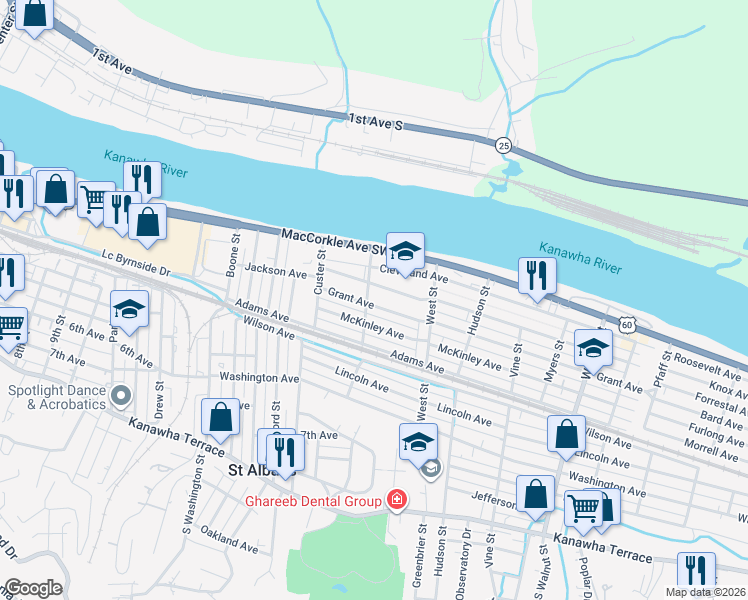 map of restaurants, bars, coffee shops, grocery stores, and more near 2000 Grant Avenue in Saint Albans