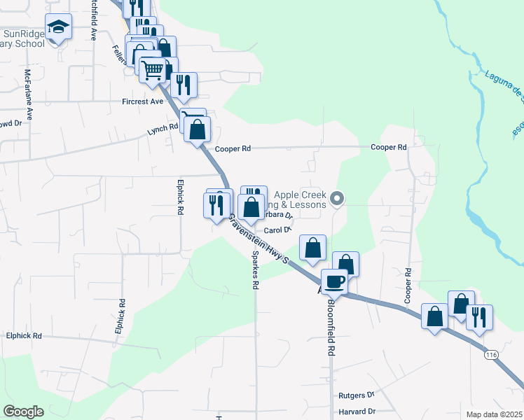 map of restaurants, bars, coffee shops, grocery stores, and more near 6816 Barbara Drive in Sebastopol