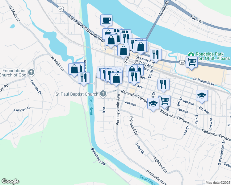 map of restaurants, bars, coffee shops, grocery stores, and more near 819 Pennsylvania Avenue in Saint Albans