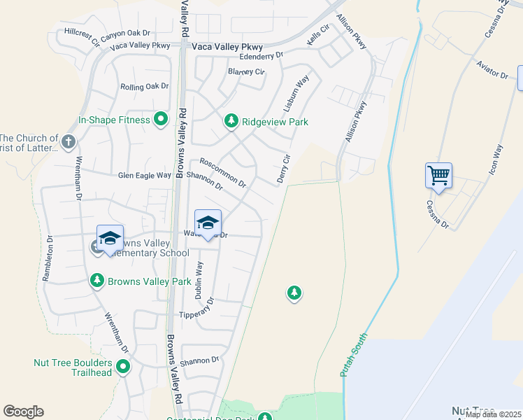 map of restaurants, bars, coffee shops, grocery stores, and more near 675 Shannon Drive in Vacaville