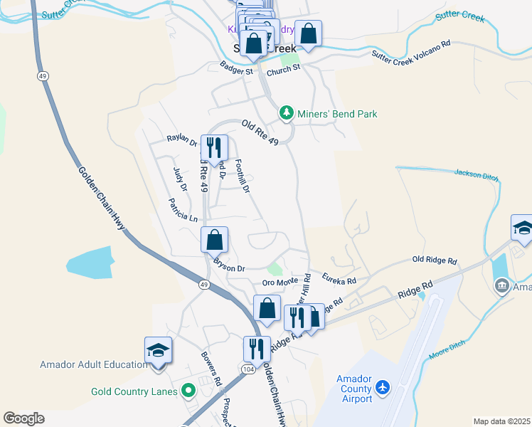 map of restaurants, bars, coffee shops, grocery stores, and more near 270 Foothill Drive in Sutter Creek