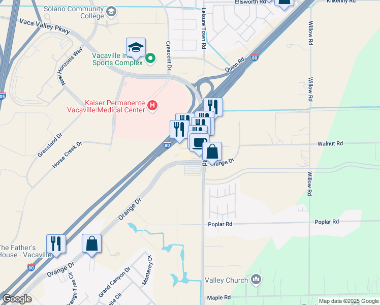 map of restaurants, bars, coffee shops, grocery stores, and more near 799 Orange Drive in Vacaville